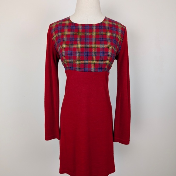 Plaid Mini Dress Long Sleeve Short Long Sleeve Holiday Plaid Empire Waist Fit - Picture 10 of 11